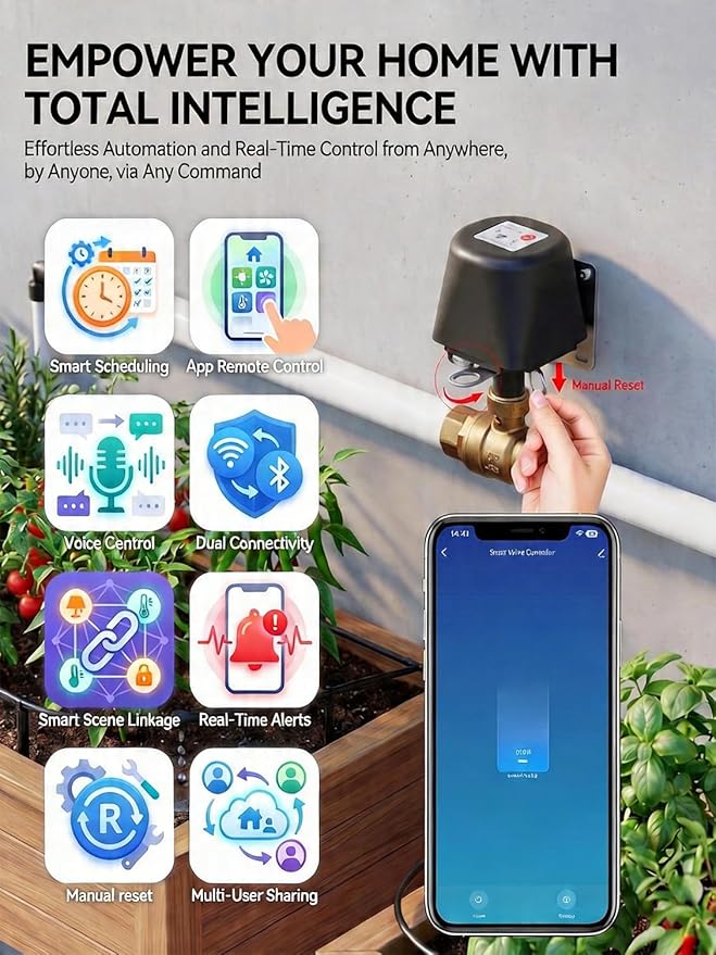 Smart WiFi Water Valve, Brass Motorized Ball Valve with Timer & App Remote Control, Alexa/Google Home Compatible, Ideal for Garden Sprinkler, Pool Filling, Greenhouse & Hydroponics, 1/2" NPT