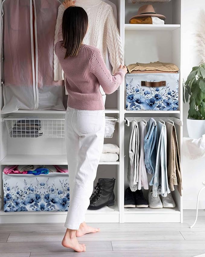 Blue Blooms Floral Storage Bins Cubes Waterproof Cloth Storage Basket,Spring Flowers Botanical Blue Ombre Foldable Storage Bags for Shelf Clothes Storages Organizers with Handles 15x11x9.5 in 2PCS