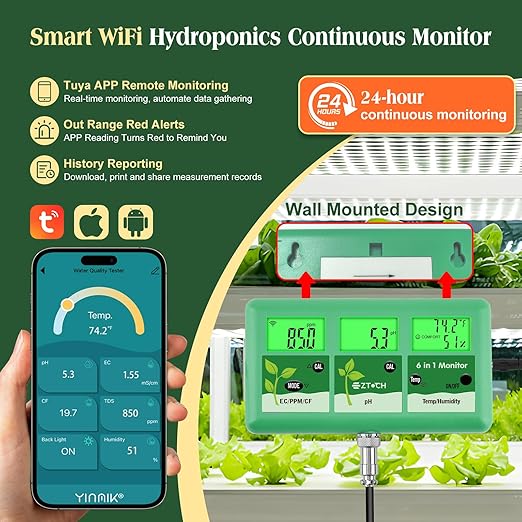 pH EC Continuous Monitor for Hydroponic, 6 in 1 WiFi EC PPM CF pH Meter, Digital pH TDS Temp Humidity Conductivity Monitor for DWC Hydroponic System, Aeroponic Gardening, Aquaponic