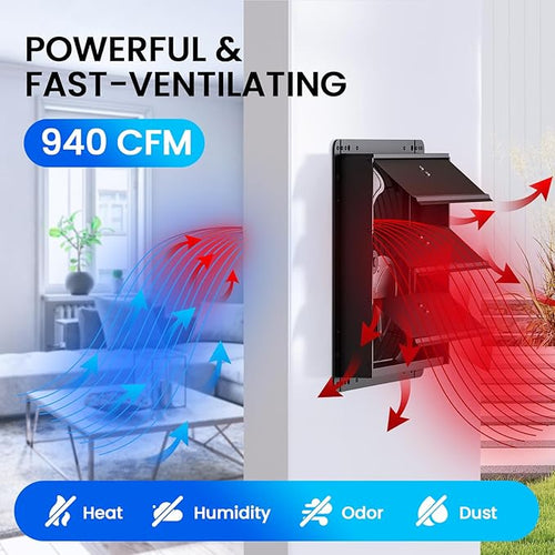 12" Wall Mounted Shutter Exhaust Fan, Attic Fan with Thermostat Humidity Controller, 10-Speed Adjustable, 940 CFM, Automatic Shutter, Vent Fan for Greenhouses, Garages, Shop, Chicken Coops