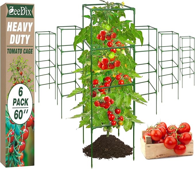 ZeeDix 6 Pack Heavy Duty Tomato Cages for Garden 60 Inches, Square Adjustable Tomato Trellis Cage Climbing Plant Support Trellis Plant Cages for Climbing Vegetables Flowers with 40Pcs Clips