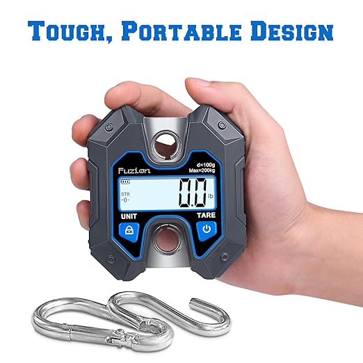 Fuzion Mini Crane Scale - Hanging Scale 440lb/200kg/1960N, Deer Scale Hanging with Large LCD Display, Hold & Tare Functions, No Assembly Needed