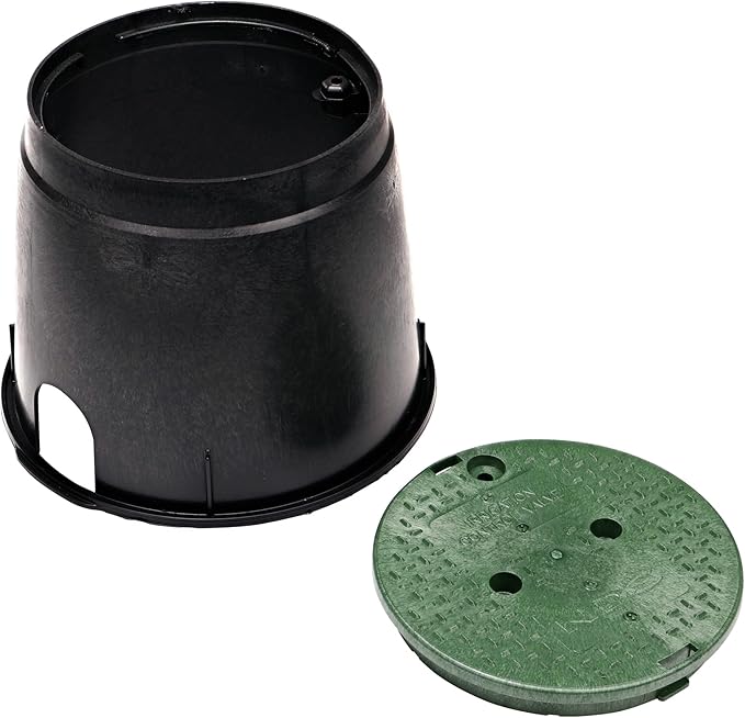 NDS 111BC 10 in. Round Standard Series Valve Box and Cover, 10 in. Height, Irrigation Control Valve Lettering, Black Box, Green Overlapping Cover, Black/Green