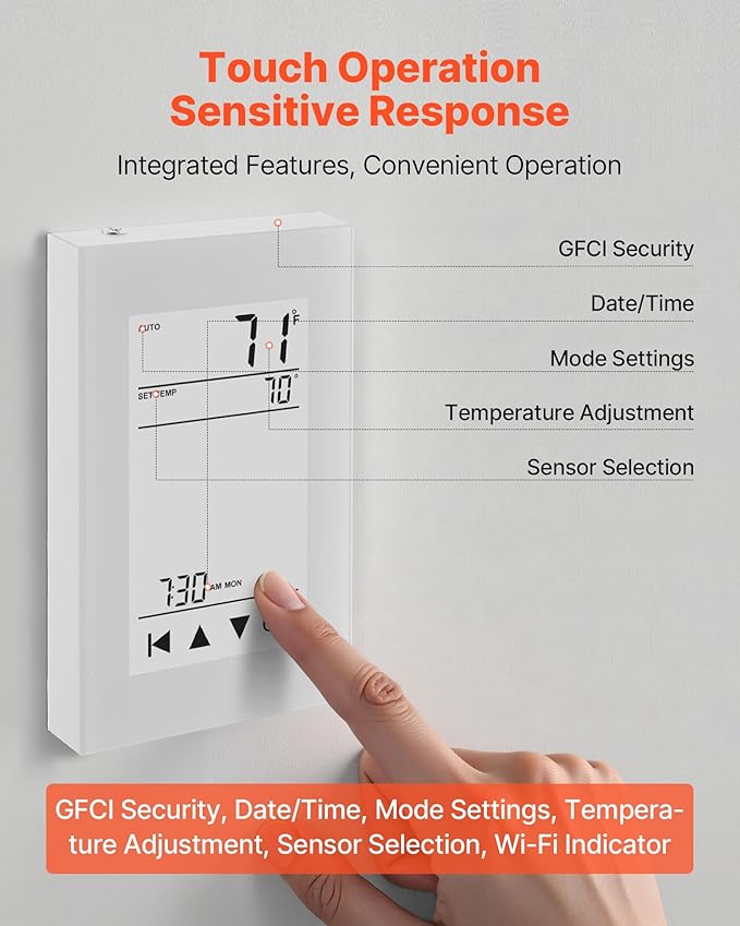 VEVOR 7-Day Programmable Thermostat Gray-White (Without WiFi) - for Radiant Underfloor Heating Cable & Heat Pump, GFCI & Sensitive Sensor, LCD Touchscreen, Energy-Efficient