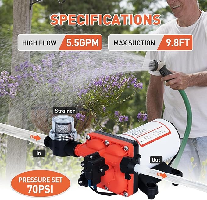 High Pressure 12 Volt RV Water Diaphragm Pump 5.5GPM 70PSI,On Demand 12V DC Self Priming Water Pump with Smart Pressure Switch,Fresh Wash Down for Boat Camper Marine Sprayer Garden Off-grid