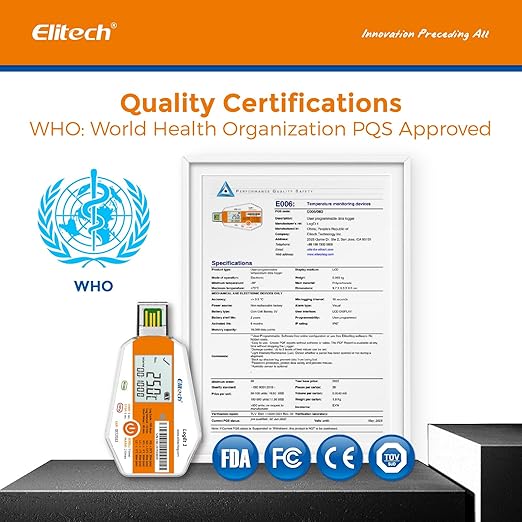 Elitech WHO PQS Certificated 10 Pack 120 Days Temperature Data Logger with Light Sensor Single-Use Cold Chain Monitor (CCM) Temperature Recorder with PDF Report 16000 Points LogEt1