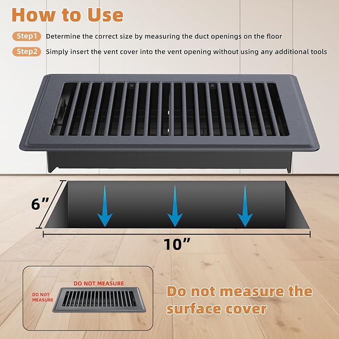 6 x 10 Floor Register, Gray Heavy-Duty Steel Vent Covers for Home Floor with Adjustable Airflow Control Lever, Easy Installation and Quiet Operation for HVAC Systems - 4 Pack