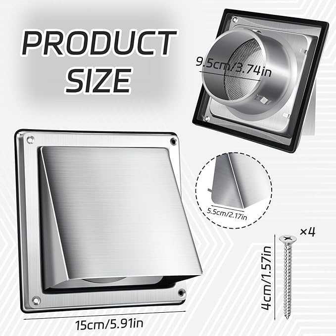 4 Inch Metal Dryer Vent Cover External Extractor Wall Vent Cushioned Stainless Steel Outdoor Dryer Vent Cover Outside Airflow Vent Replacement Hood