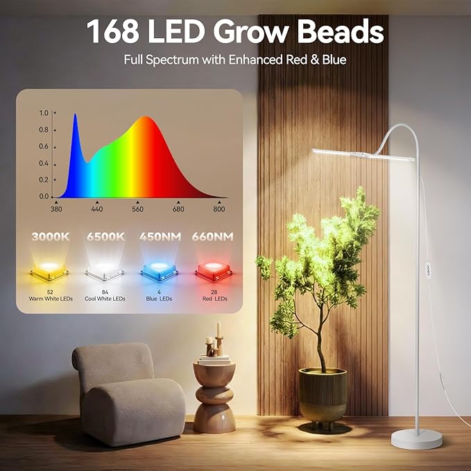 3CCT Grow Lights for Indoor Plants, 168 Full Spectrum LED Plant Light for Indoor Growing with 180° Expandable Lamp Head, 4/8/12H, Dimmable, 67in Tall Adjustable Standing Grow Light with 360° Gooseneck
