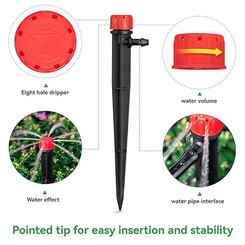 100pcs Drip Irrigation Emitters for 1/4" Drip Irrigation Tubing,Adjustable 360 Degree Water Flow Drippers on 5" Arrow Stake, Garden Irrigation Drippers for (4-7mm) Watering System Kit