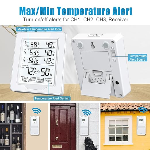 Indoor Outdoor Thermometer Wireless with 3 Remote Sensors, Digital Temperature Humidity Monitor Gauge with 500FT/150M Range, Temp Alert and Backlight