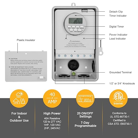 SURAIELEC Pool Timer, 7-Day Programmable Digital Box Timer Switch, 40 AMP, 2HP, 120, 240, 277 VAC, Outdoor Indoor Heavy Duty Controller Box for Pool Pump, Water Heater, Lights, Powerful Appliances
