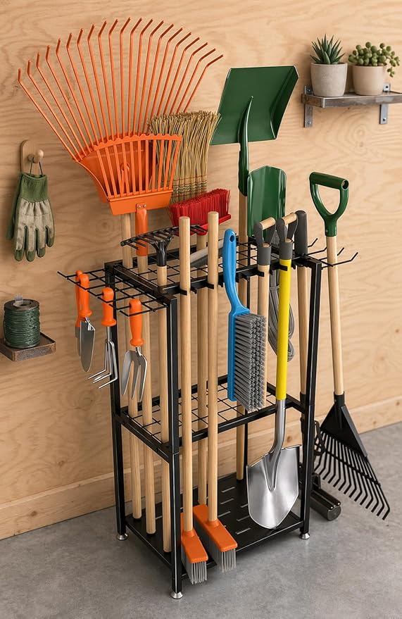 Faesun Garden Tool Organizer, 3-Tier Metal Yard Tool Rack with 14 Hooks & 5 Slots, Holds 50+ Rakes/Shovels/Brooms, Heavy Duty Freestanding Lawn Tool Storage for Garage Shed Outdoor Organization