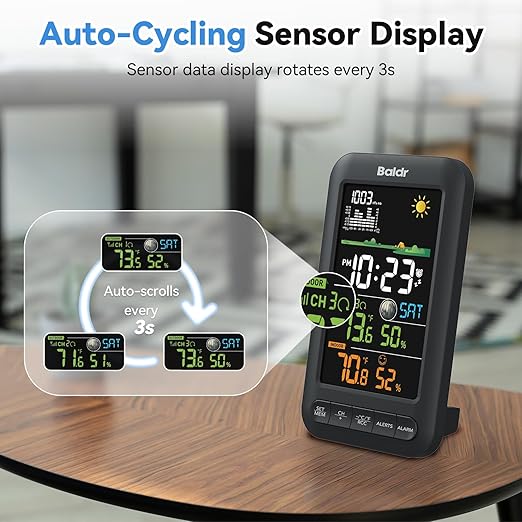 BALDR Digital Color Weather Station Vertical Display with Remote Sensor,12H Forecast,Temperature,Humidity and Atomic Clock,Adapter Powered with Backup Battery,Wireless Indoor Outdoor Thermometer,Black