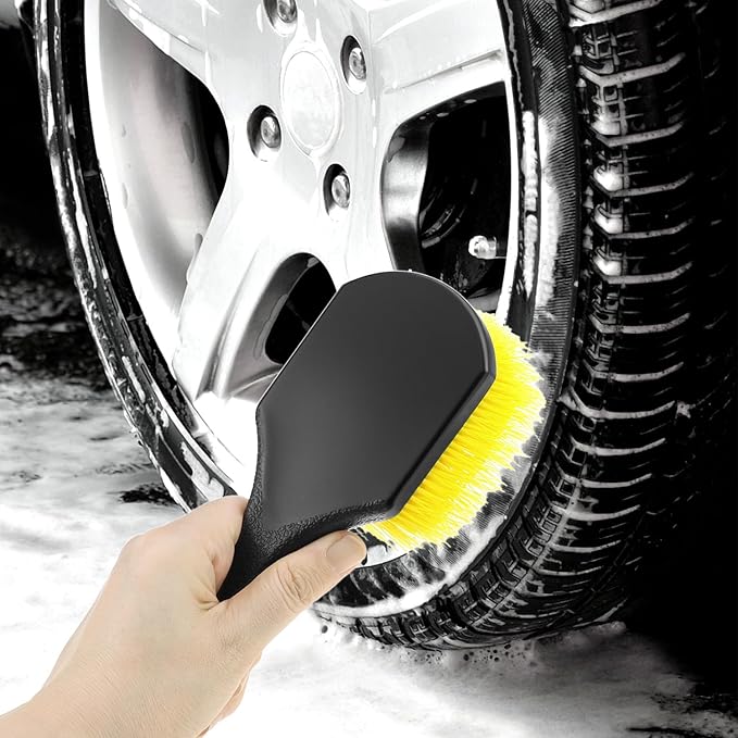 QWORK 8" Utility Scrub Brush with Plastic Handle and Yellow Polypropylene Bristles, 2 Pack Multi-Purpose Cleaning Tool for Wheels and Tires
