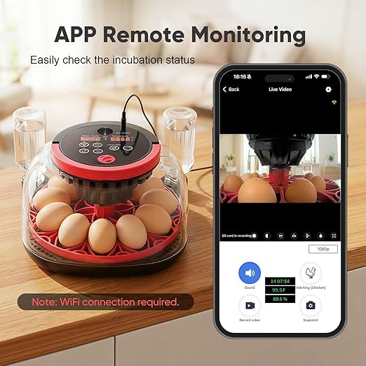Incubators for Hatching Eggs, 12-24 Egg Smart WiFi Incubator with 1080P Camera, App Control, One-Click Incubation for Chicken Quail Duck Pigeon, Auto Egg Turner, External Water Refill, Candler