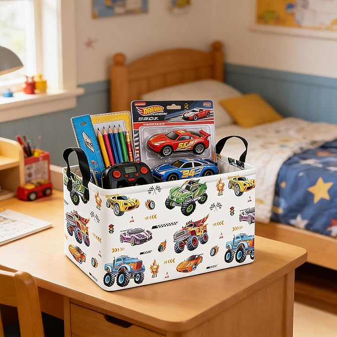 FANKANG Rectangular Monster Truck Basket Storage Bins,Nursery Hamper Canvas Laundry Basket Foldable with Waterproof PE Coating for Kids, Office, Bedroom, Clothes,Toys(Rec-Monster Truck