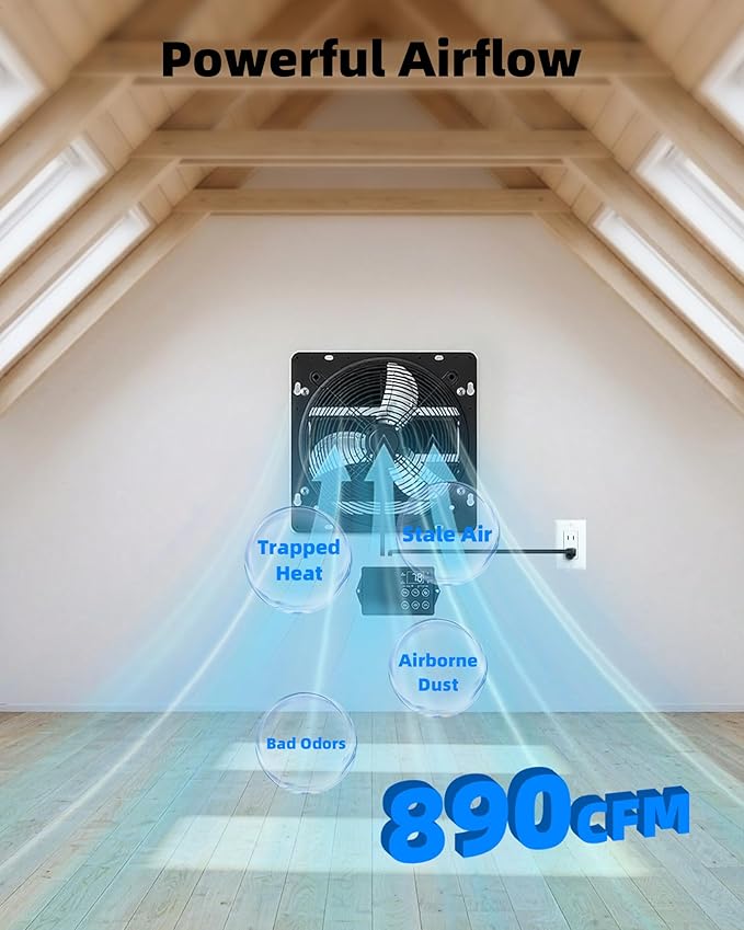 10'' Upgraded Shutter Exhaust Fan with Thermostat & Remote, 890 CFM Wall Mounted Attic Exhaust Fan, Auto On/Off by Temperature for Garage, Greenhouses, Sheds, Chicken Coops & Basement