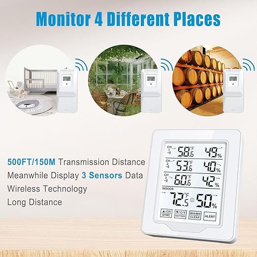 Indoor Outdoor Thermometer Wireless with 3 Remote Sensors, Digital Temperature Humidity Monitor Gauge with 500FT/150M Range, Temp Alert and Backlight