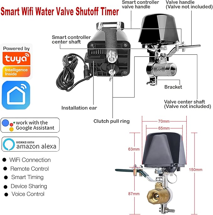 Smart Wifi Water Valve, Copper Handle Valve, Compatible with Alexa Google, No Hub Required
