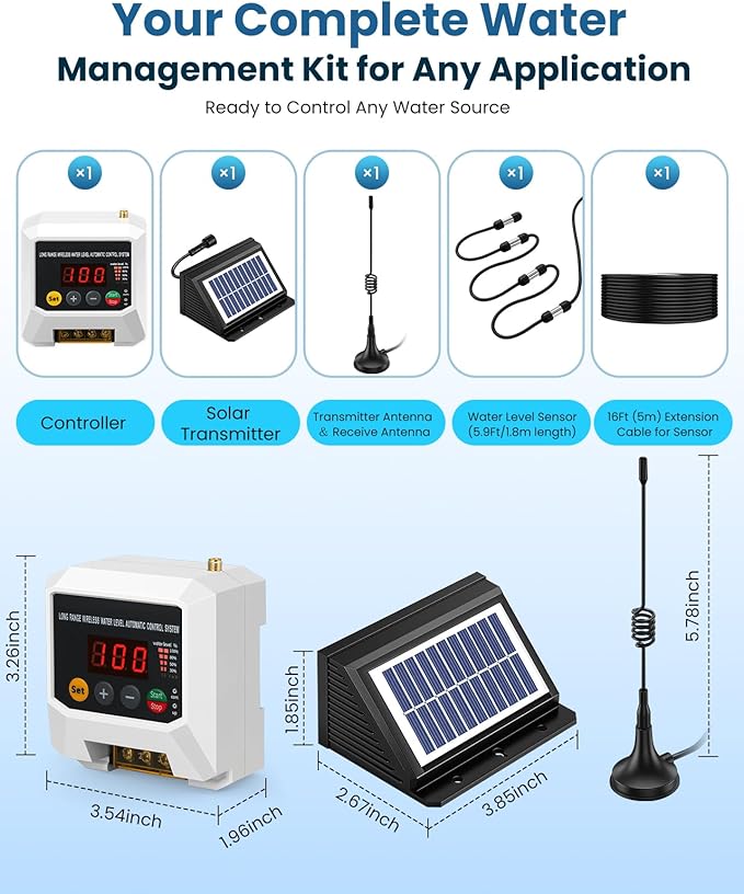 Smart Wireless Water Level Controller, 9842ft Long Range & Auto Pump Control System with LCD, IP68, 5-Sensor, for Well Tank Pool Irrigation