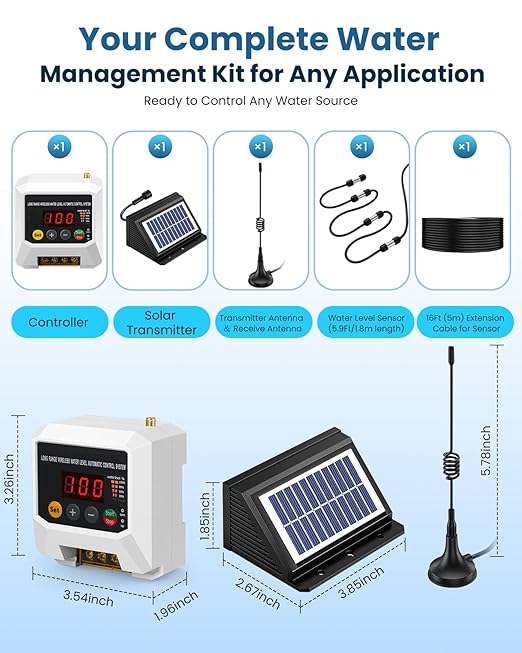 Smart Wireless Water Level Controller with LCD – Automatic Pump Control System | Solar-Powered Liquid Level Sensor with 22Ft Cable | Effortless 3000m Remote Control for Tank, Pool, Well & Irrigation
