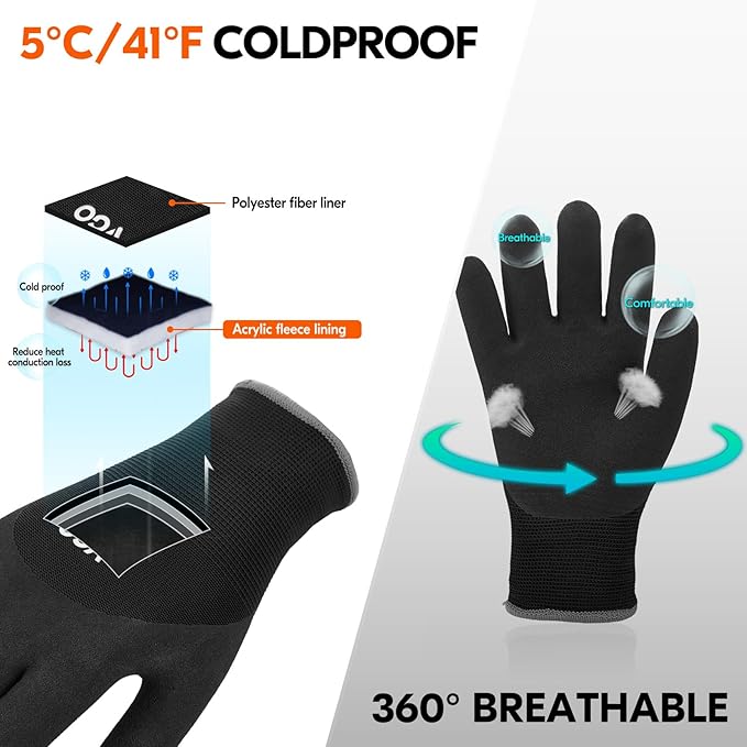Vgo... 2-Pairs Freezer Winter Work Gloves, Double Lining Rubber Latex Coated for Outdoor Heavy Duty Work (Size L, Black, RB6032)