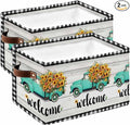 Country Sunflowers Storage Bins Cubes Waterproof Cloth Storage Basket, Welcome Rustic Truck Floral Farm Wooden Foldable Storage Bags for Shelf Closet Clothes Organizers with Handles 15x11x9.5 in 2PCS
