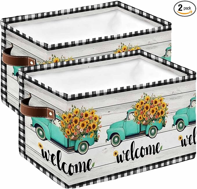 Country Sunflowers Storage Bins Cubes Waterproof Cloth Storage Basket, Welcome Rustic Truck Floral Farm Wooden Foldable Storage Bags for Shelf Closet Clothes Organizers with Handles 15x11x9.5 in 2PCS