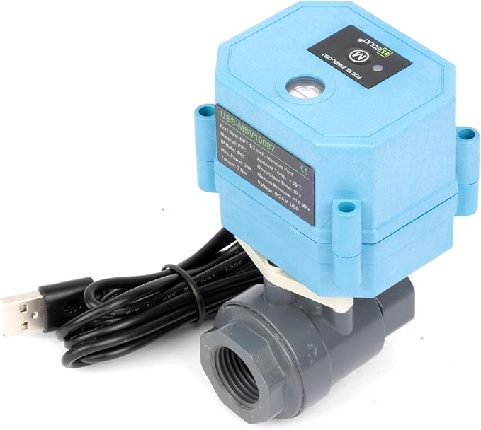 U.S. Solid WiFi Smart Motorized Ball Valve 1/2 inch NPT for Water Control & Irrigation, 2 Way PVC Electric Valve, USB Powered, LED Status Indicator, Flow Direction Window, Remote On/Off Control