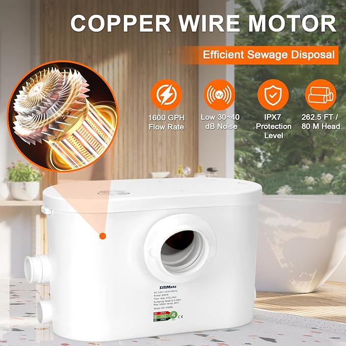 600W Macerator Pump, Powerful Sink Sewage Sump Pump, 8100 L/h Flow, Upflush 31.2 ft/9.5 m Head, 3 Water Inlets for Basement, Toilet, Shower, Kitchen, Bathtub Waste Water Disposal