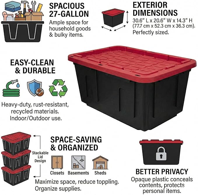 27 Gallon Heavy Duty Storage Bins with Lids – Stackable Industrial Plastic Totes for Garage Organization, Moving, and Attic Storage – Lockable Snap-Fit Container, Black/Red (1 Pack)