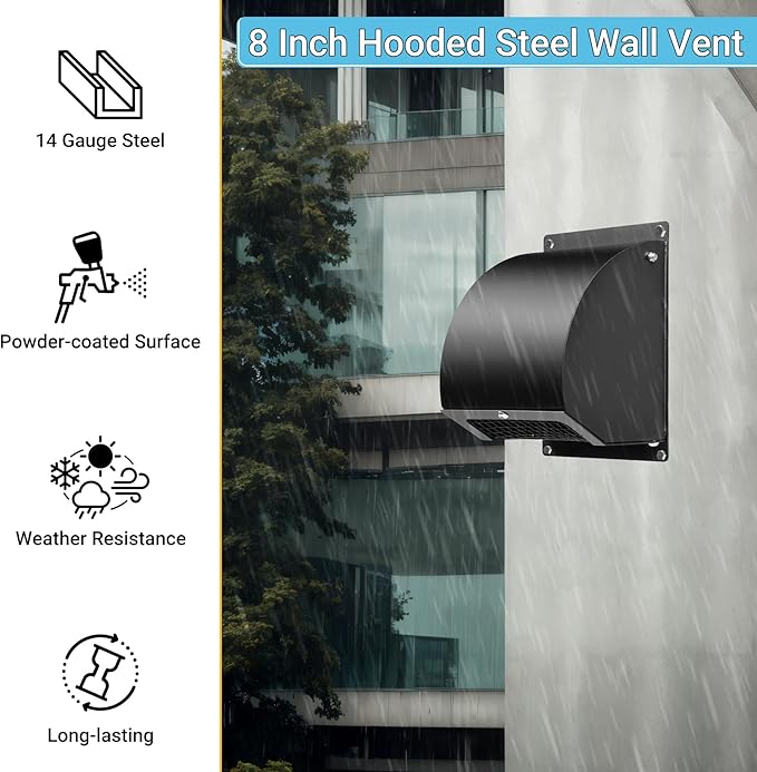 Neoaider 8 Inch Hooded Wall Vent Cover with Screen and Damper, 14GA/2MM Thick Heavy-Duty Steel Vent Covers for Wall, Vent Cover for Dryer Ventilation and Outdoor Air Exhaust, Black