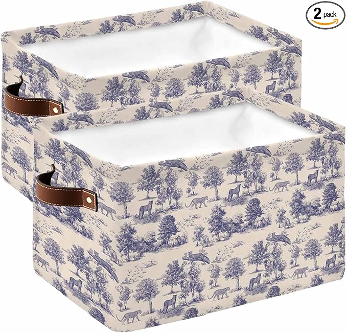Tiger Leopard Storage Bins Cubes Waterproof Cloth Storage Basket, Farmhouse Retro Nature Forest Trees Animals Foldable Storage Bags for Shelf Closet Clothes Organizers with Handles 15x11x9.5 in 2PCS