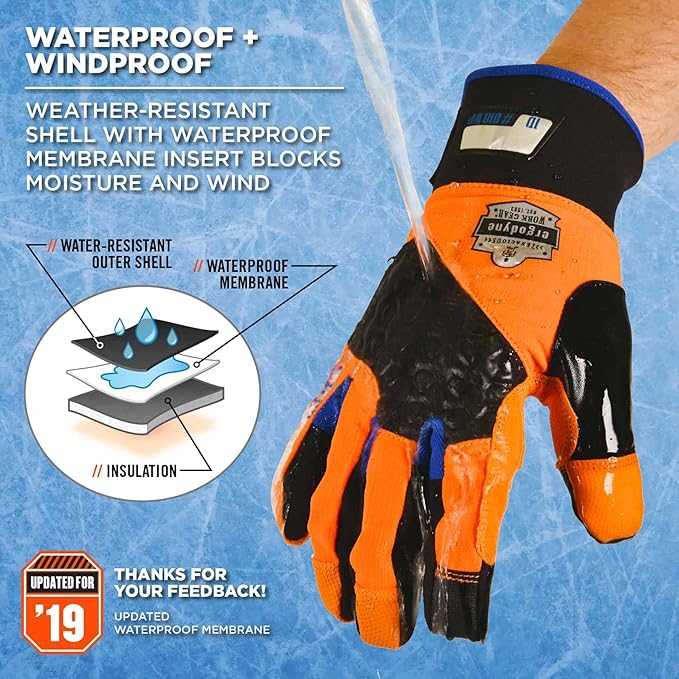 Waterproof Work Gloves, High Visibility, Thermal Insulated, Touchscreen, Enhanced Grip, Ergodyne ProFlex 818WP, Orange