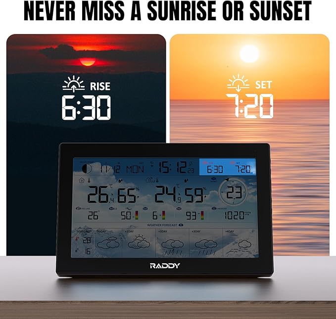 Raddy N90 Wi-Fi Weather Station with 8.8" Display, Smart App Connectivity, Indoor Outdoor Thermometer with Wireless Sensor, Temp & Humidity Monitor, PM2.5/AQI/UVI, 5-Day Forecast, Sunrise/Sunset Time