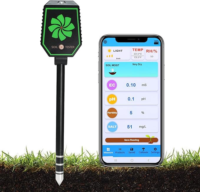 8-in-1 Bluetooth Soil Meter for pH, EC, Moisture, Fertility, Temperature, Light, and Humidity Monitoring with Real-Time App Control, Data Logging, and Precise Calibration for Plant Care