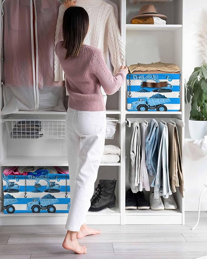 Blue Striped Truck Storage Bins Cubes Waterproof Cloth Storage Basket, Farmhouse Stripes Modern Art Foldable Storage Bags for Shelf Closet Clothes Organizers with Handles 15x11x9.5 in 1PCS