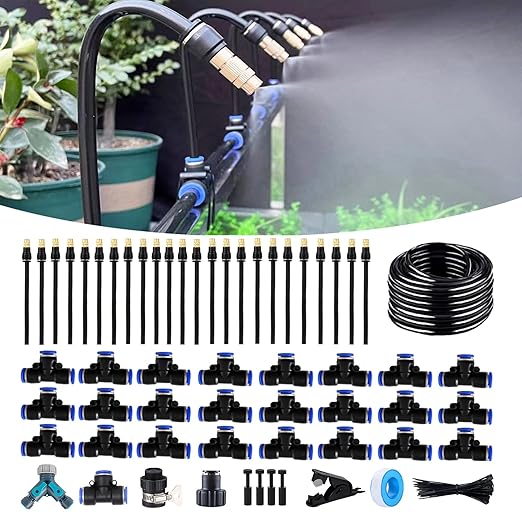 100FT Drip Irrigation Kit, Automatic Garden Watering System with Tool-Free Quick Connectors, 360° Bending Droppers & Copper Misting Nozzles for Greenhouse, Patio, Lawn & Vegetable Garden. (30M)
