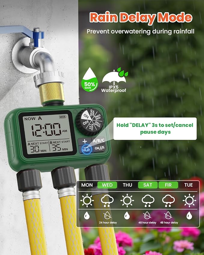3 Zones Brass Inlet & Outlet Water Timer for Outdoor Garden Hose, Sprinkler Timer for Garden Faucet with Auto/Manual/Rain Delay Mode, Sprinkler Irrigation Controller for Yard Lawn