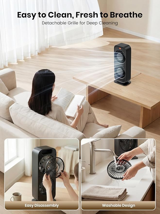 Warmco Desktop Tower Fan for Bedroom, Dual Motor 6m/s High Velocity Desk Fan with 4 Speeds, Quiet Cooling Fan (45dB) for Home Office Dorm, Portable Personal Table Fan with Detachable Grille - Black