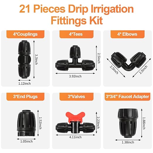 21 Pieces1/2 Inch Drip Irrigation Fittings Kit, 1/2'' Drip Line Barbed Locked Connectors for 1/2 Inch Irrigation Tubing (1/2" ID x 0.650" OD) Coupling Tee Elbow Plug Valve Faucet Adapter