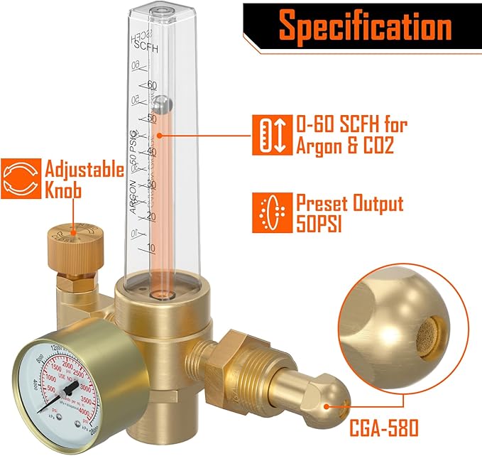 BETOOLL Argon/CO2 Mig Tig Flow Meter Gas Regulator Gauge Welding Weld, CGA580 Inlet Connection