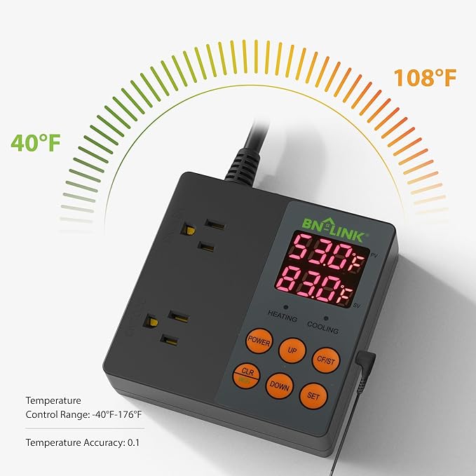 BN-LINK Smart WiFi Digital Temperature Controller Heating Cooling, Works with Alexa and Google Home. For Reptiles Aquarium Carboy Homebrew Breeding Fermenter Seed Germination °C/°F -40-176°F 15A/1875W