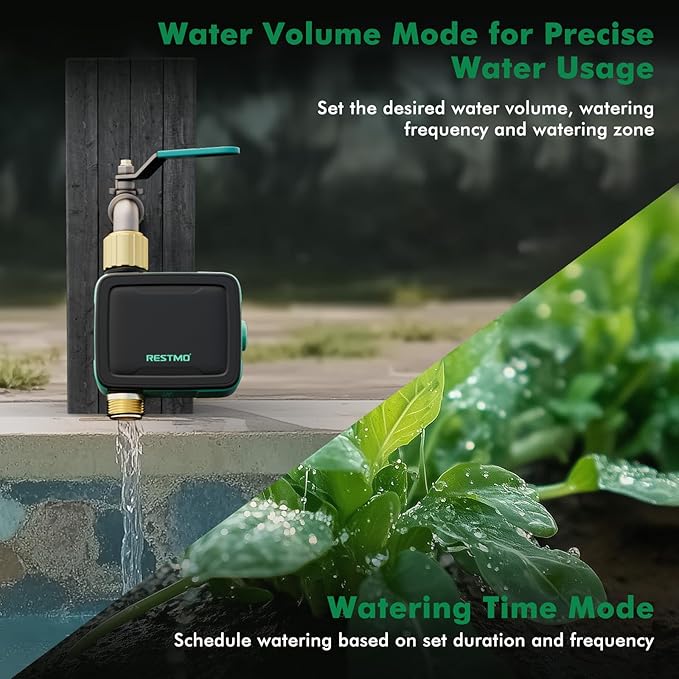 RESTMO Brass Inlet & Outlet Smart Sprinkler Hose Timer with Flow Meter, Water Timer for Garden Hose with APP Remote Control (2.4GHz WiFi Connection), Automatic Drip Irrigation System for Lawn, Yard