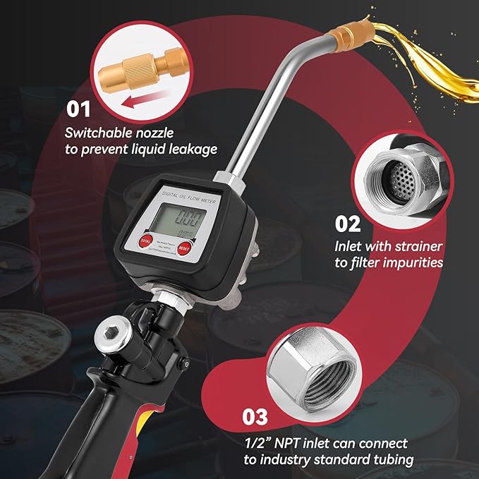 Poafamx Digital Oil Control Valve Meter Nozzle, 8GPM/30LPM Heavy Duty Air Operated Oil Transfer Nozzle, 7-1000 Psi 0.5-70bar, ±0.3% Precision, 1/2" inch NPT Inlet with Non Leakage Spout