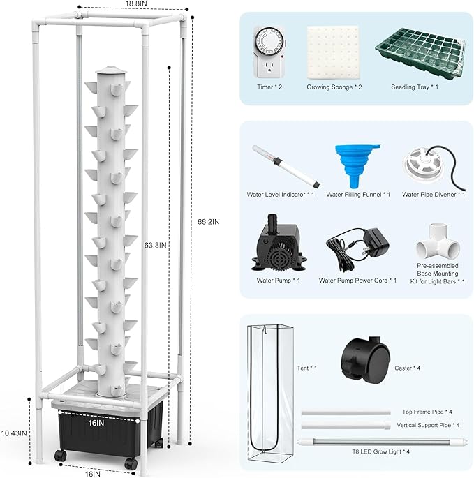 JESLED Hydroponic Tower with Tent, Hydroponics Growing System with 5000K Full-Spectrum Grow Lights, Dual Timers for Auto Watering & Lighting, Grows 45 Herbs & Vegetables, 20L Water Tank, High 66.2"