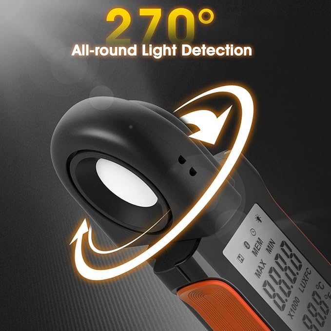 BTMETER Illuminance Light Meter w/Bluetooth - Digital Lumen Tester Measure Lighting Level Intensity 1~400,000 Lux(Foot Candle 1~37,160) Luxometer with 270º Rotated Sensor Data Logging for Plants Grow