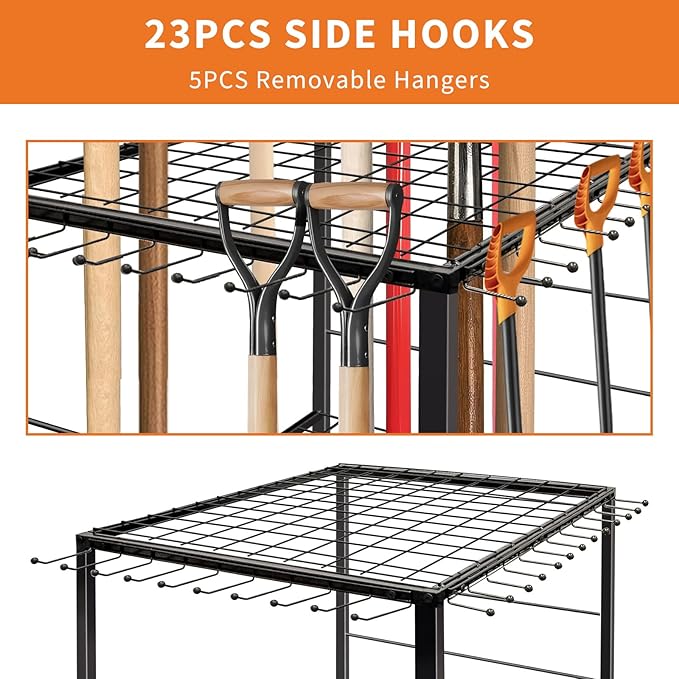 KYBOLT Heavys Duty Garage Tool Organizer Rack - Holds 35+ Rakes, Brooms & Long Tools | Black Steel Yard Tool Tower for Shed/Outdoor | Instant Assembly Space-Saving Storage