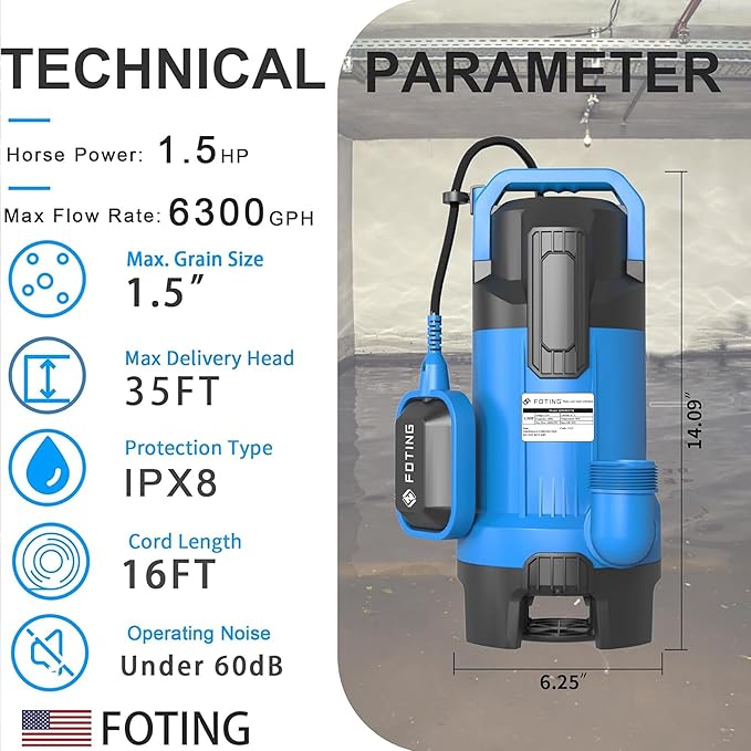 FOTING 1.5HP Sump Pump, 6300GPH High Flow Clean&Dirty Submersible Water Pump with Float Switch, Thermoplastic Electric Portable Utility Pump for Pool Draining Hot Tub Garden Basement